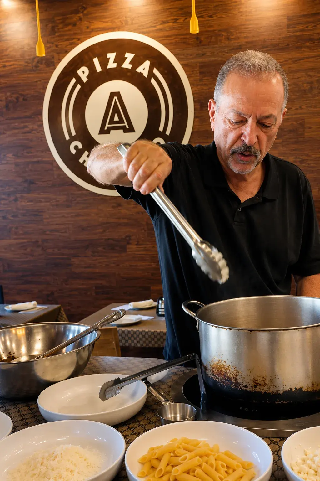 Chef Tony Barbanente lifting pasta with tongs in front of the Anto Pizza Chicago logo on the dining room wall