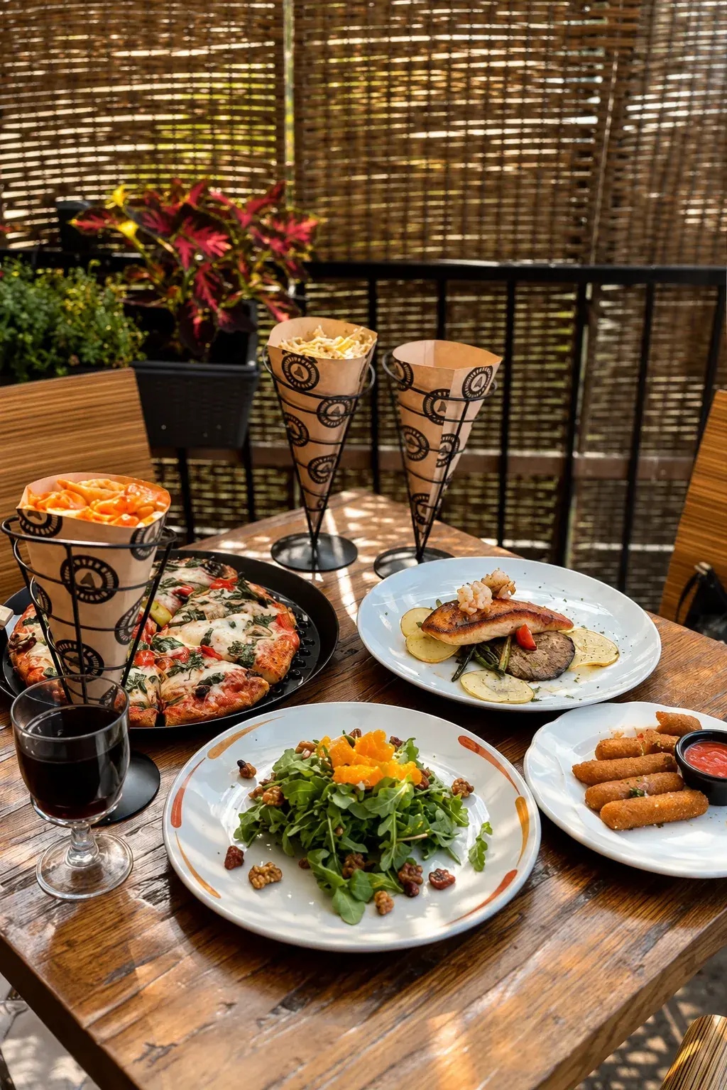 A full patio table with pizza, pasta cones, salmon, arugula salad and a glass of red wine