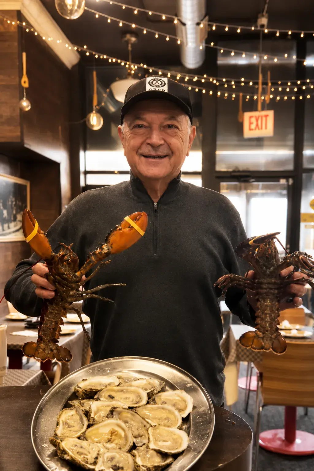 Chef Tony Barbanente holding two lobsters above a tray of freshly shucked oysters in the dining room